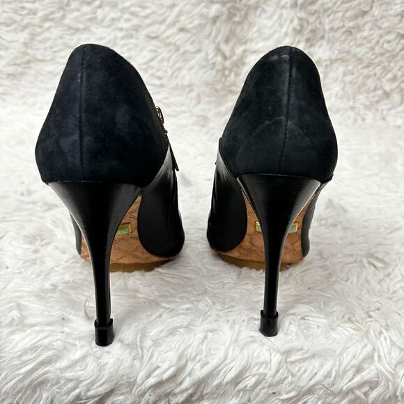 L.A.M.B. Black Peep Toe Leather & Suede Chunky Buckle Ultra High Heel sz 7 M - Picture 6 of 10